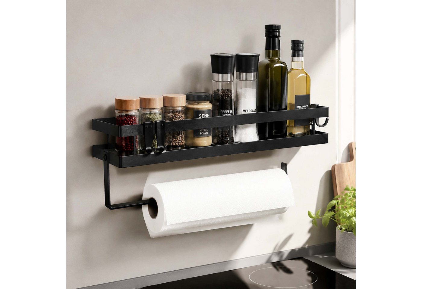 Relaxdays Gewürzregal Wand, Ohne Bohren, 30 Cm Rollenhalter, 4 Haken, Organizer Für Küche & Bad, Metallregal, Schwarz