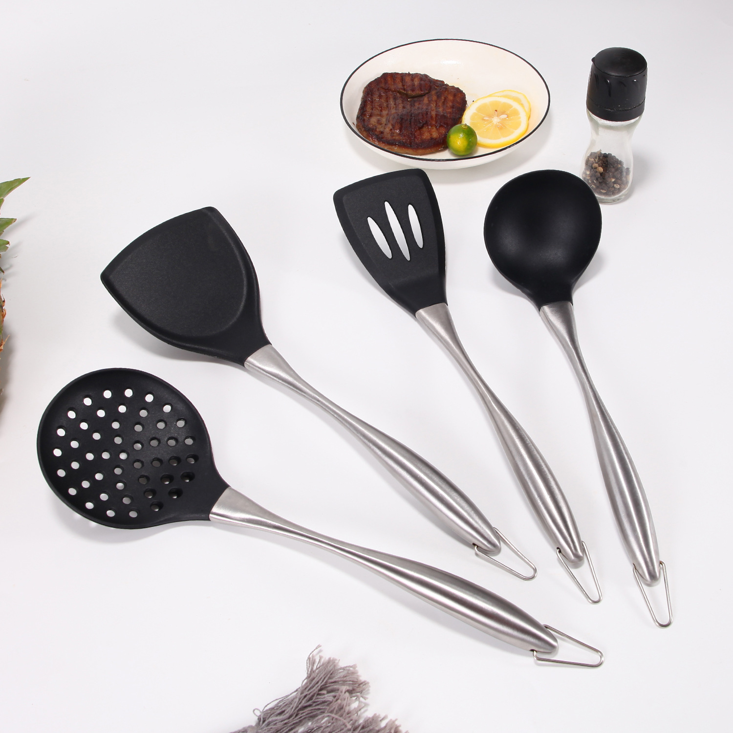 Küchenhelfer-set Aus Antihaftbeschichtetem Silikon – Pfannenwender Und Löffel Mit Edelstahlgriffen, Pfannenwender- Und Schaumlöffel-set Zum Kochen-x
