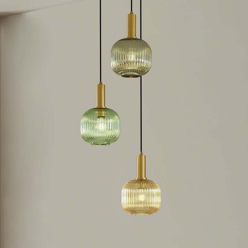 [gebraucht] B-ware Lindby Hängeleuchte Doroteo 3-flg Grün Amber Grau 45 Cm Glas Dimmbar E27