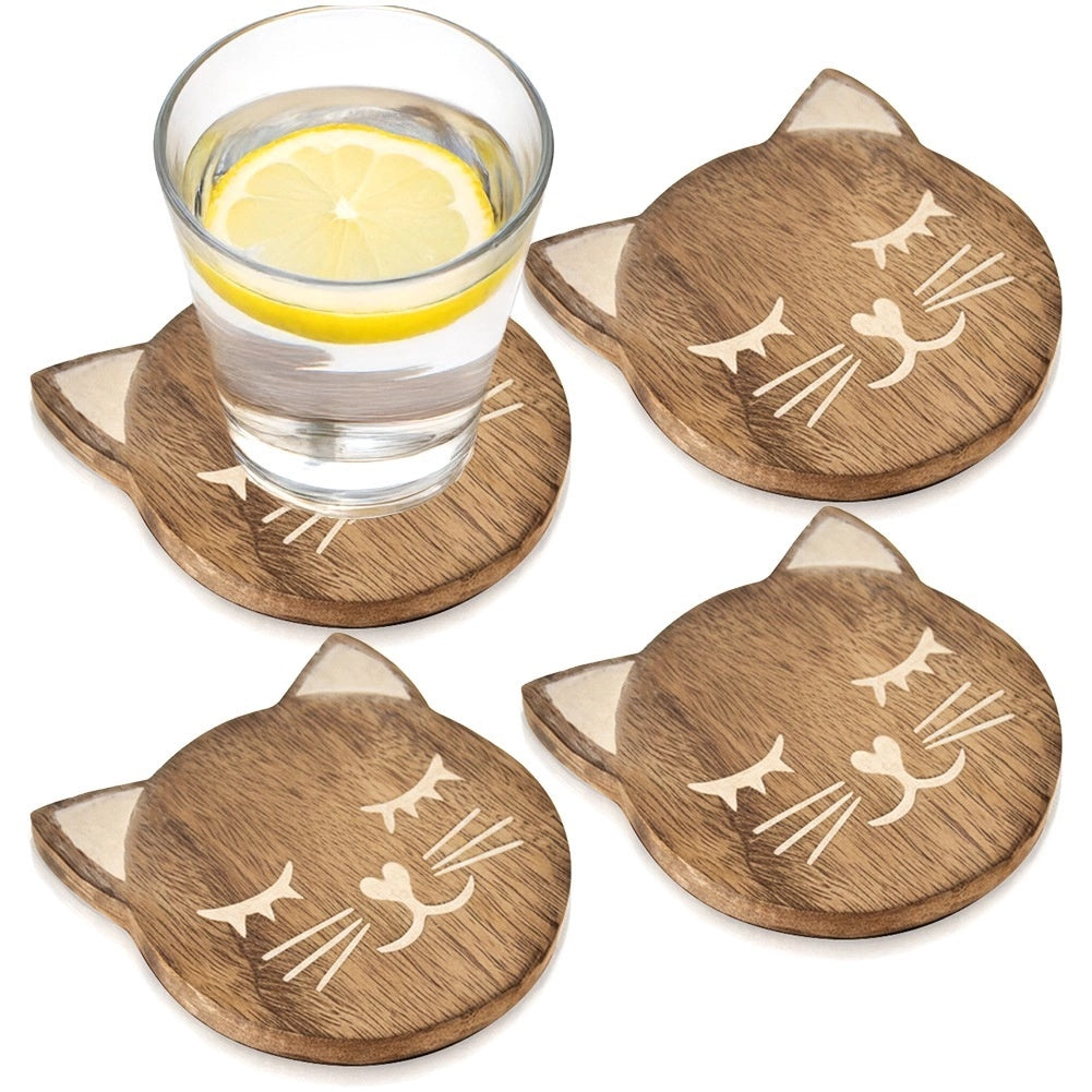 Cat-shaped Mango Wood Coasters, Set Of 4, 10x11cm