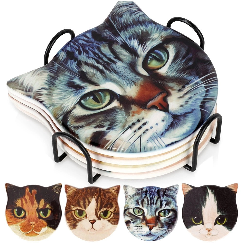 Cat Design Coasters With Holder, Dolomite & Cork, Set Of 4