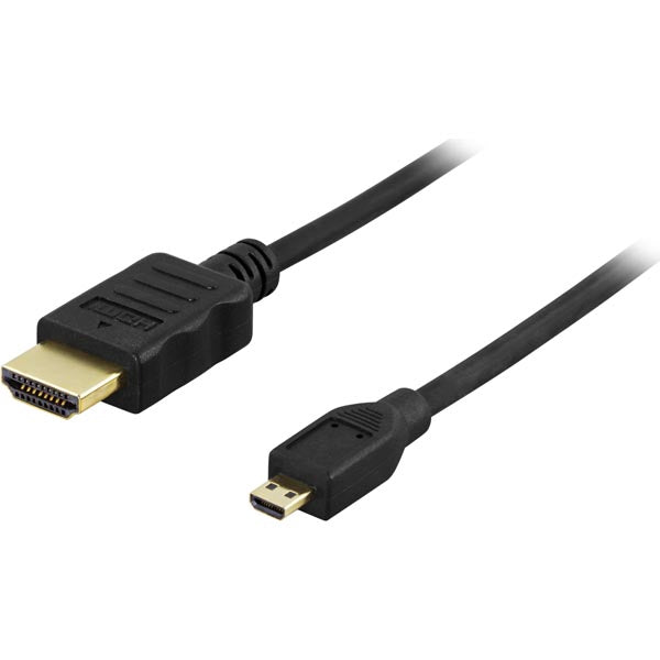 Deltaco Hdmi 1.4-kabel, Hdmi Typ A-hane - Hdmi Micro-hane, Guldpläterad, 2m, Svart