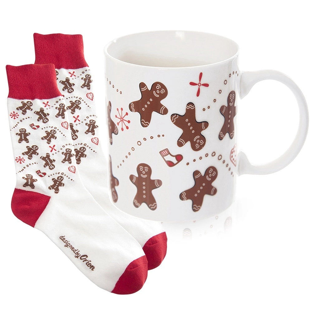 Ceramic Holiday Mug & Socks Set With Gingerbread Design