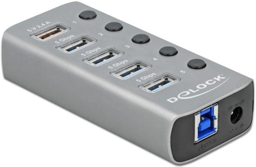 Delock Usb-a-hub Mit 5 Usb-a-anschlüssen, 5-gbit/s-hub Mit Schalter Und Beleuchtung