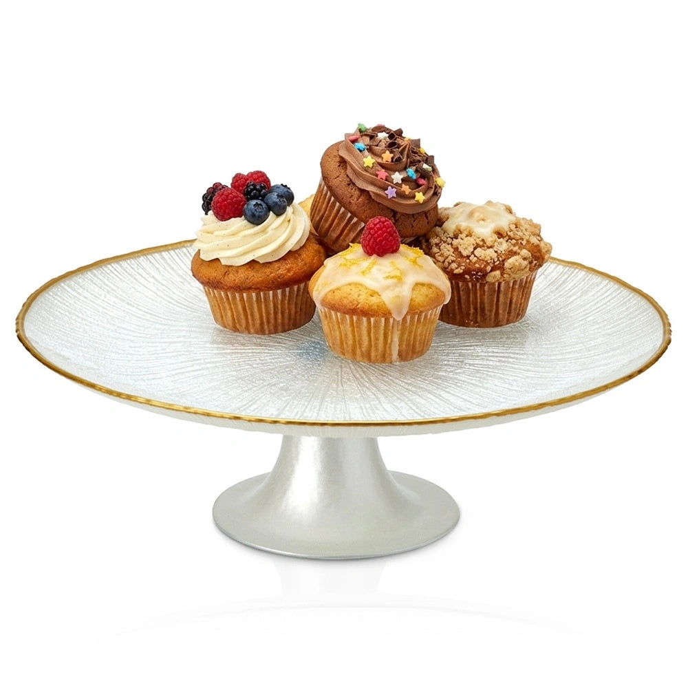 Glass Cake Stand, White With Gold Trim, 28 Cm