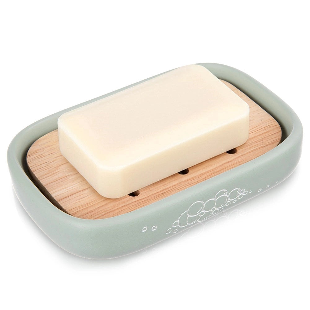 Mint Green Synthetic Stone Soap Dish With Bamboo Base