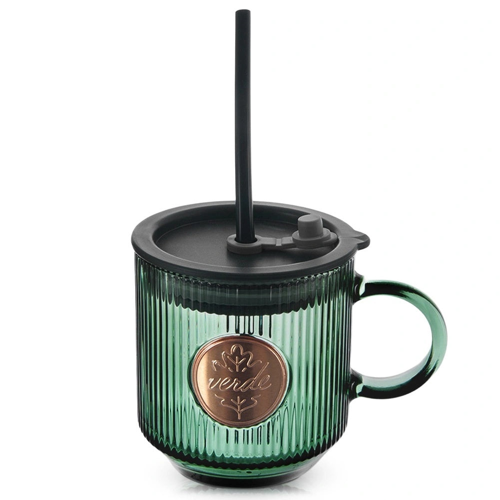 Green Glass Mug With Lid & Straw, 330 Ml