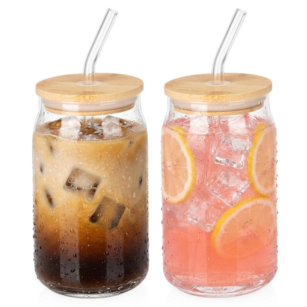 Glass Mugs With Bamboo Lids & Straws, 460ml, Set Of 2