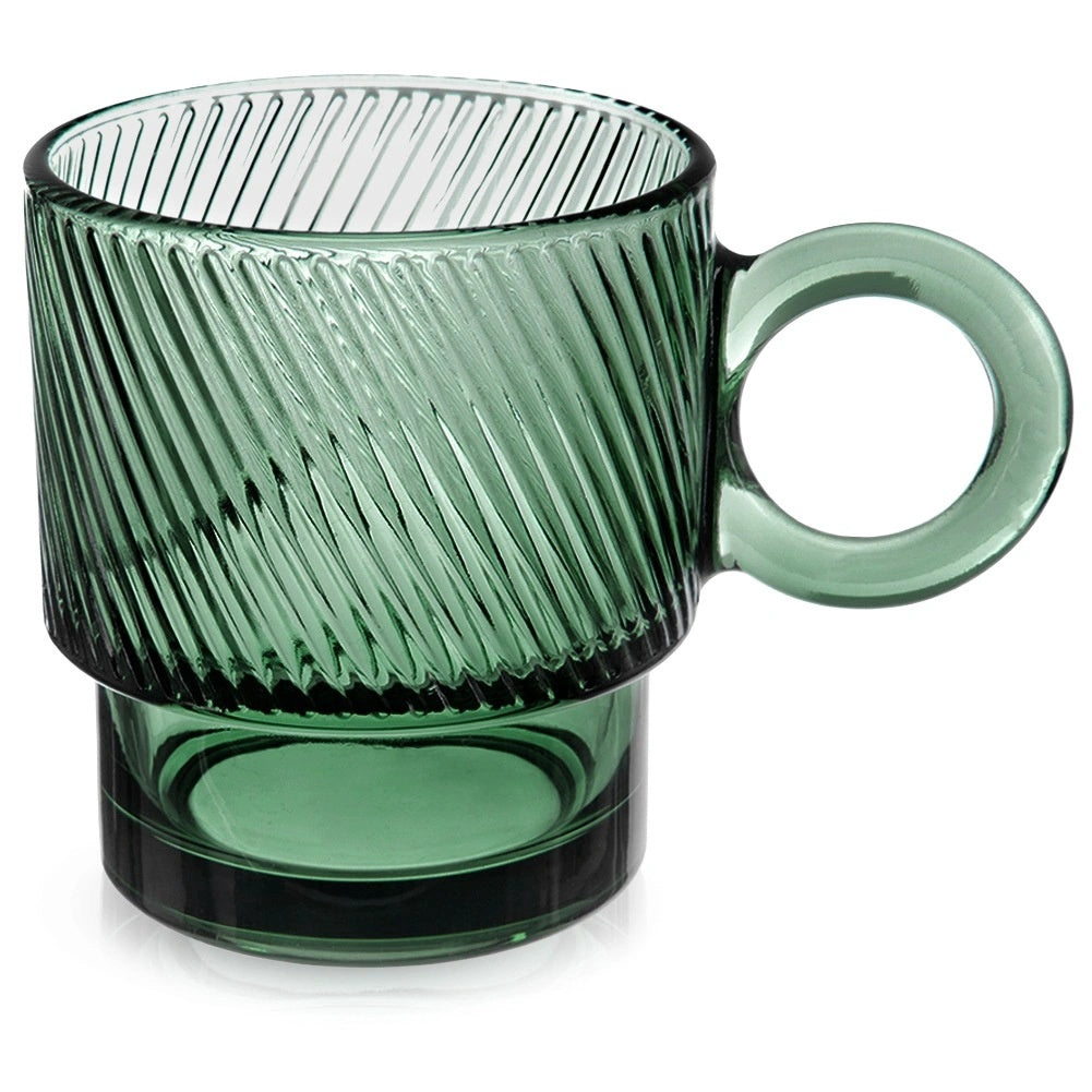 Green Ribbed Glass Mug With Handle, 300 Ml
