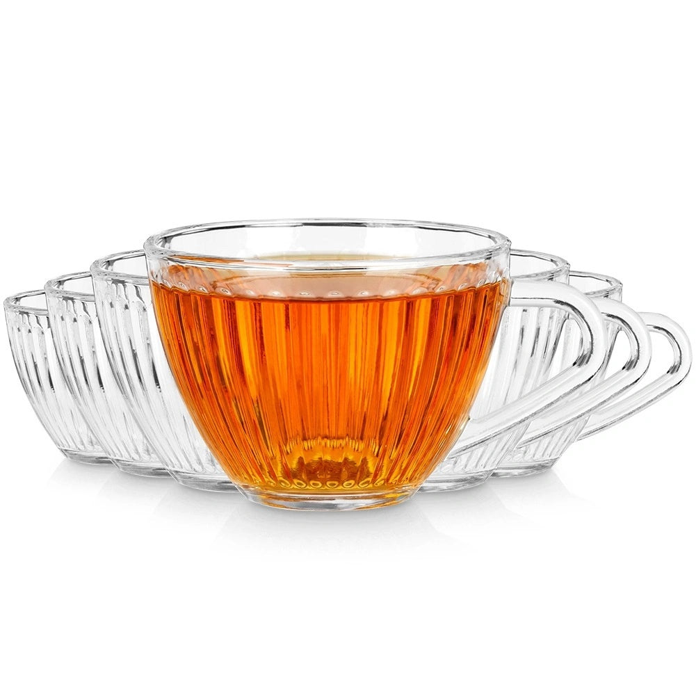 Set Of 6 Ribbed Glass Mugs With Handles, 240 Ml
