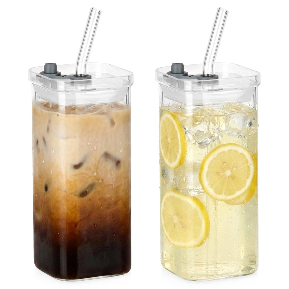 Glass Mugs With Lid And Straw, 340ml, Set Of 2