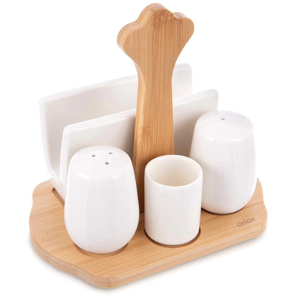 Porcelain Spice Set With Bamboo Stand - 5 Pieces