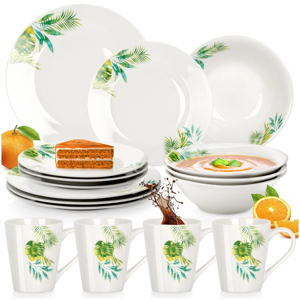 Porcelain Dinnerware Set, White Botanical, 16-piece