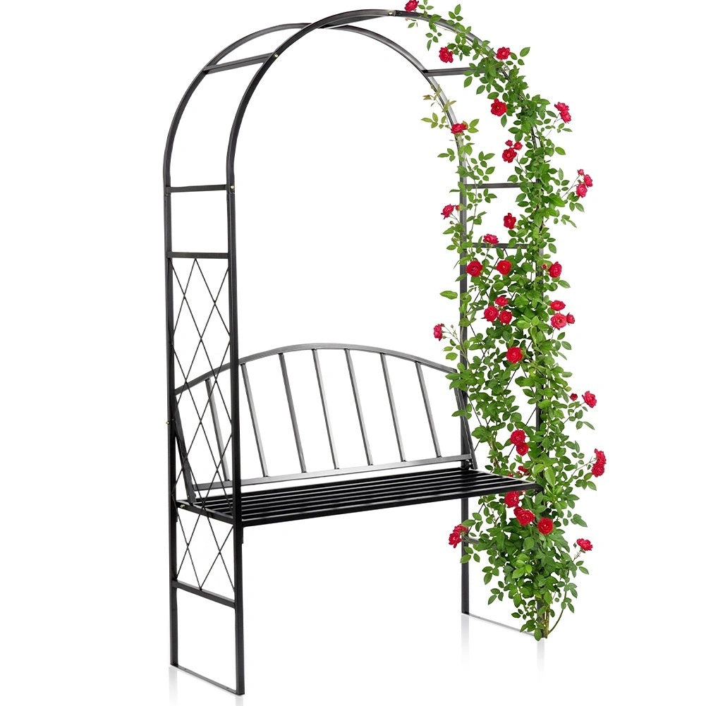 Black Metal Garden Pergola With Bench, 115x50x210 Cm