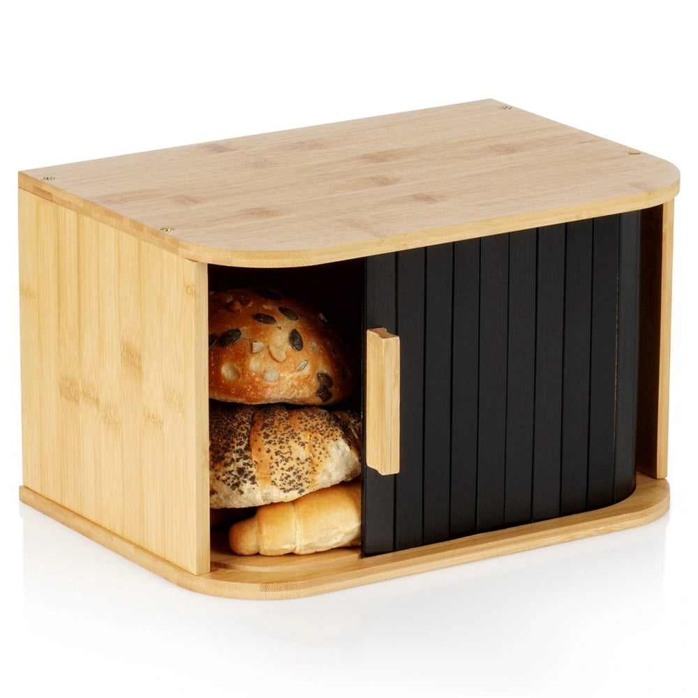 Bamboo Bread Box With Sliding Doors, Black, 33x23x20 Cm