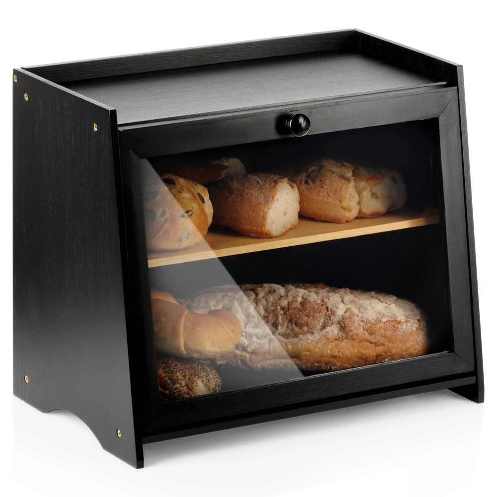 Bamboo Bread Box, Black, Two-tier, 40x25x33.5 Cm