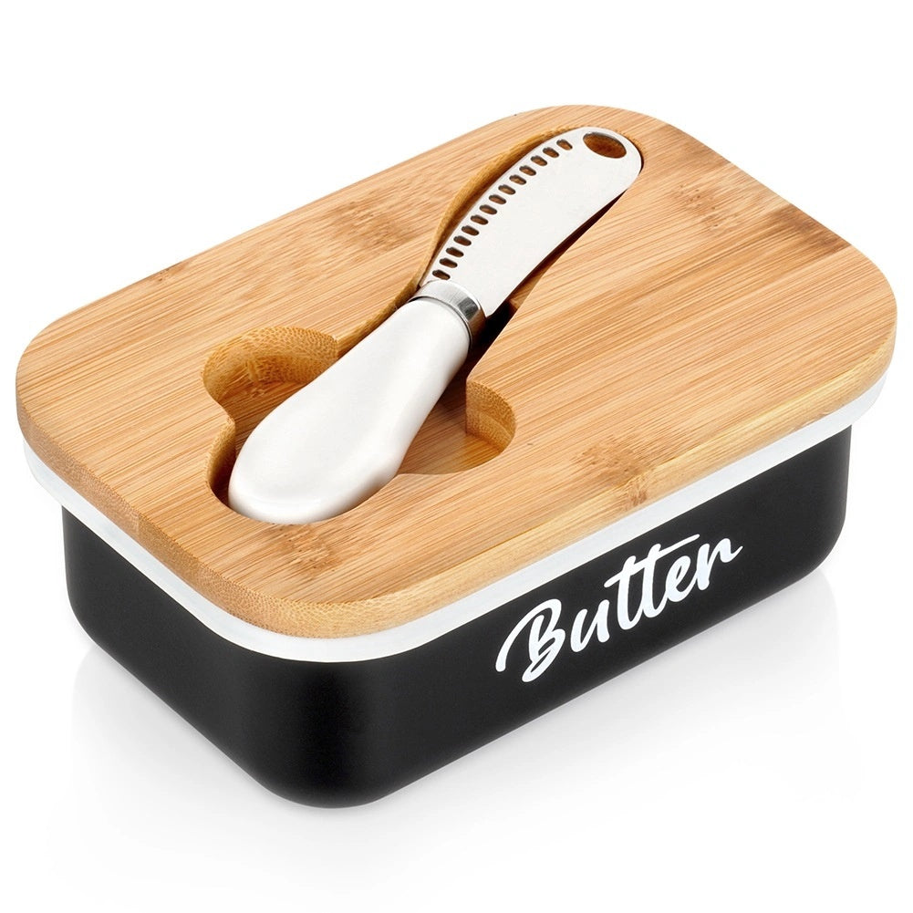 Black Metal Butter Dish With Bamboo Lid And Knife