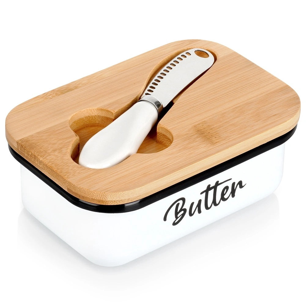White Metal Butter Dish With Bamboo Lid & Knife