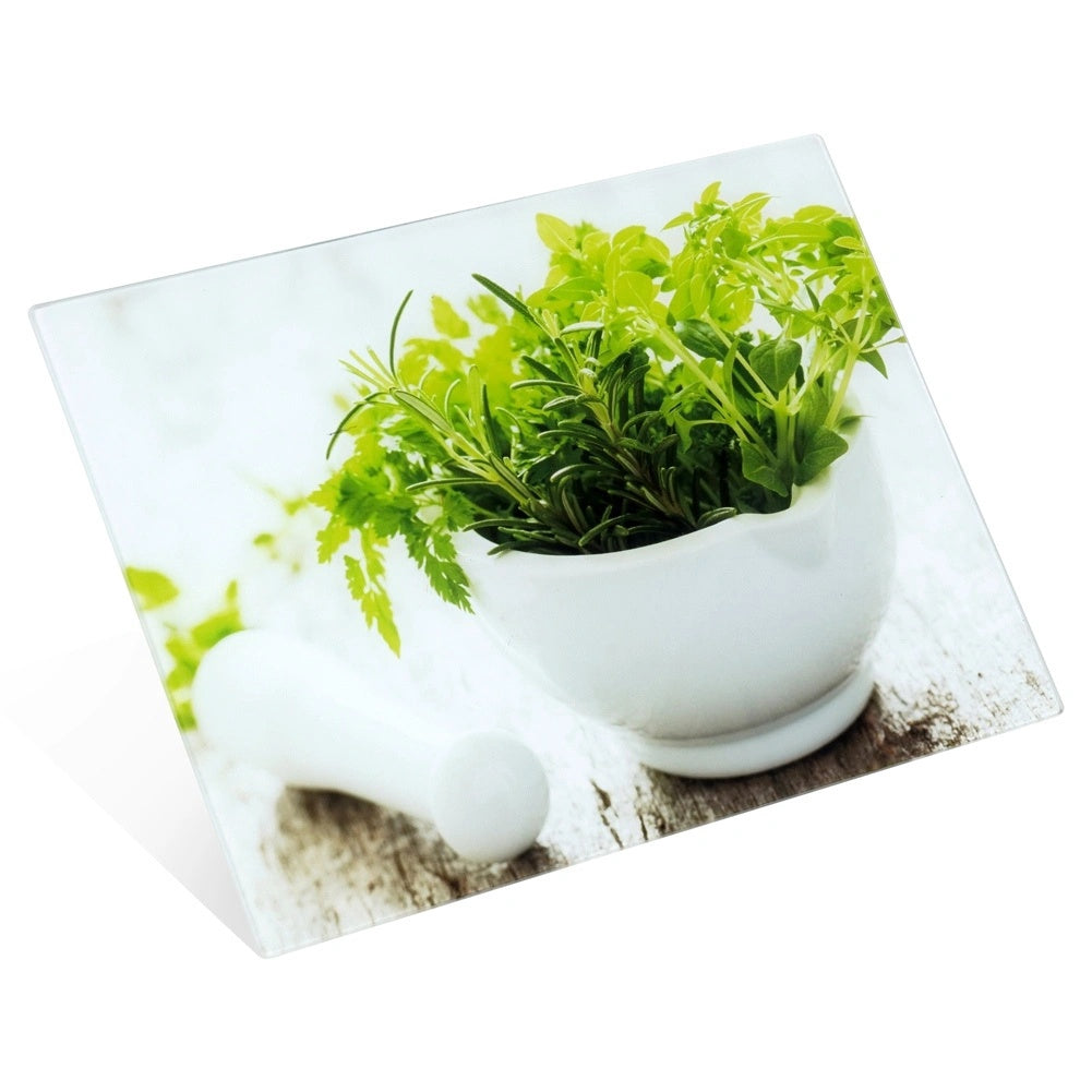 Glass Cutting Board With Herbs Design, 40x30 Cm