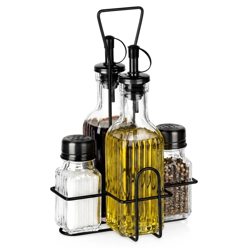 Oil & Vinegar Bottles With Spice Shakers In Stand Set