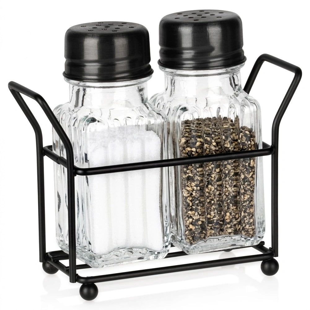 Salt And Pepper Shaker Set With Stand - Glass, Black