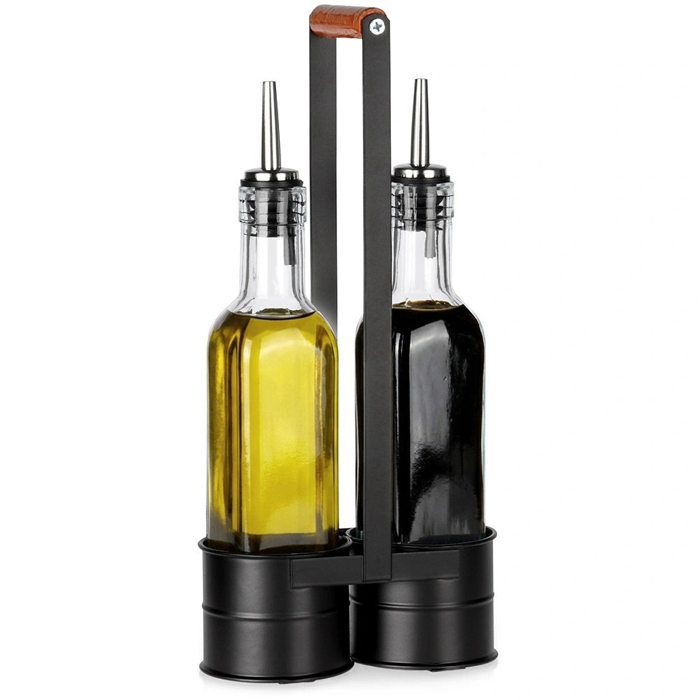 Glass Oil & Vinegar Bottles Set With Metal Stand