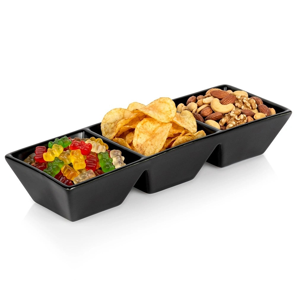 Ceramic Divided Snack Bowl, Black, 29 Cm, Triple Section
