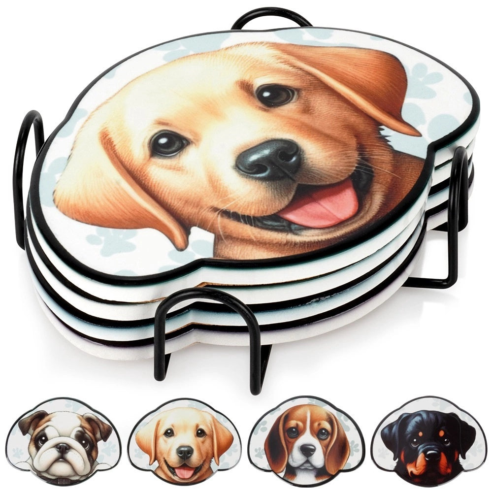 Dog Coaster Set With Holder, Dolomite And Cork, 4 Pcs