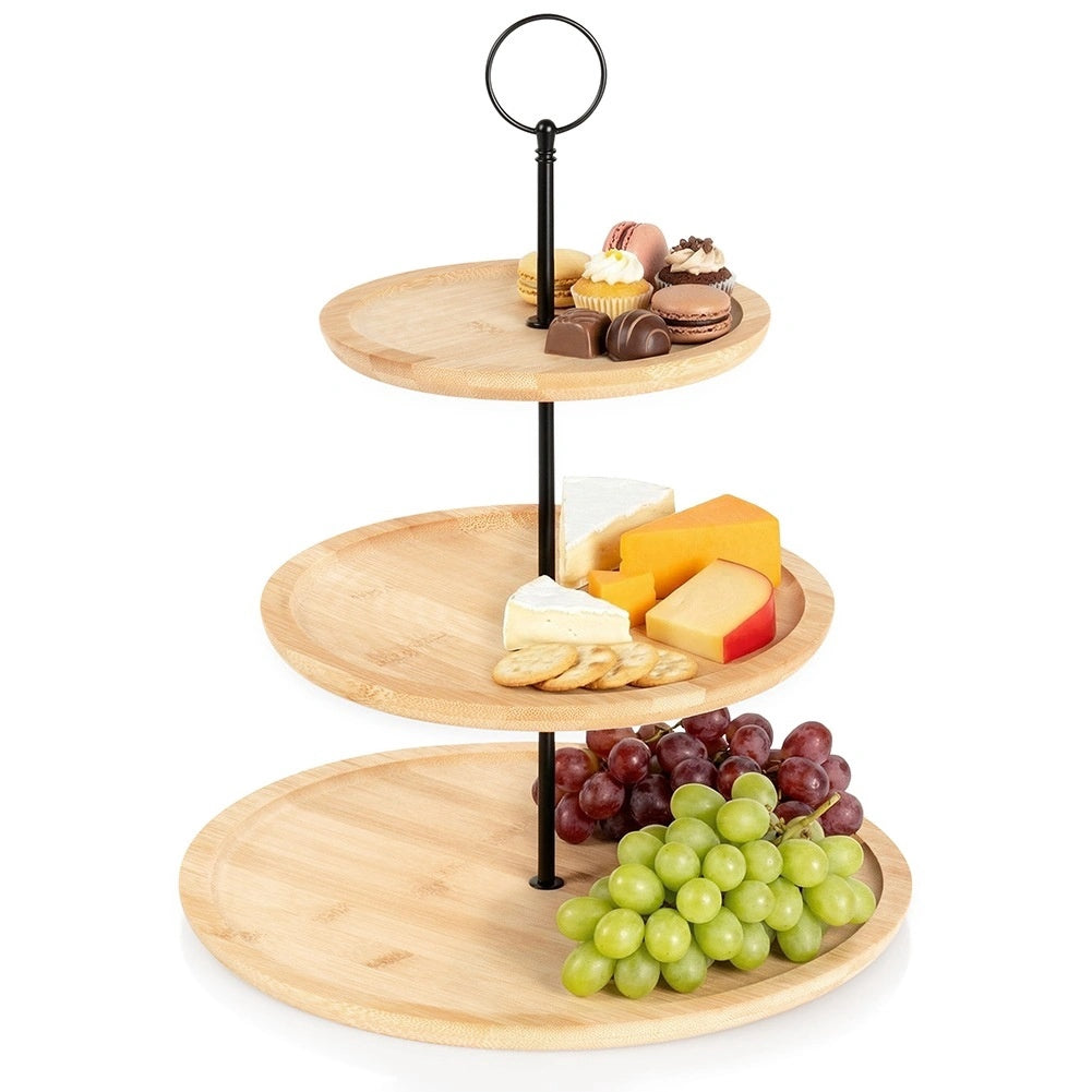 3-tier Bamboo Cake Stand, 34 Cm, Black Metal Handle