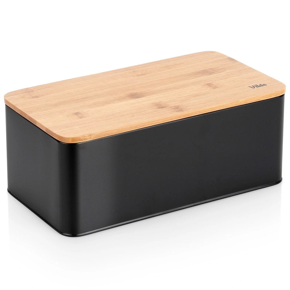 Black Metal Bread Bin With Bamboo Lid, 33x18x13 Cm