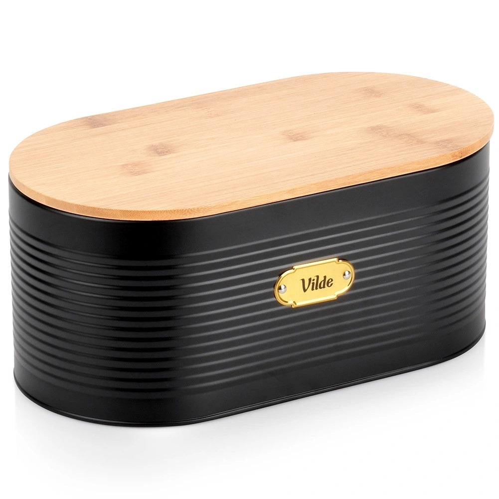 Black Metal Bread Bin With Bamboo Cutting Board