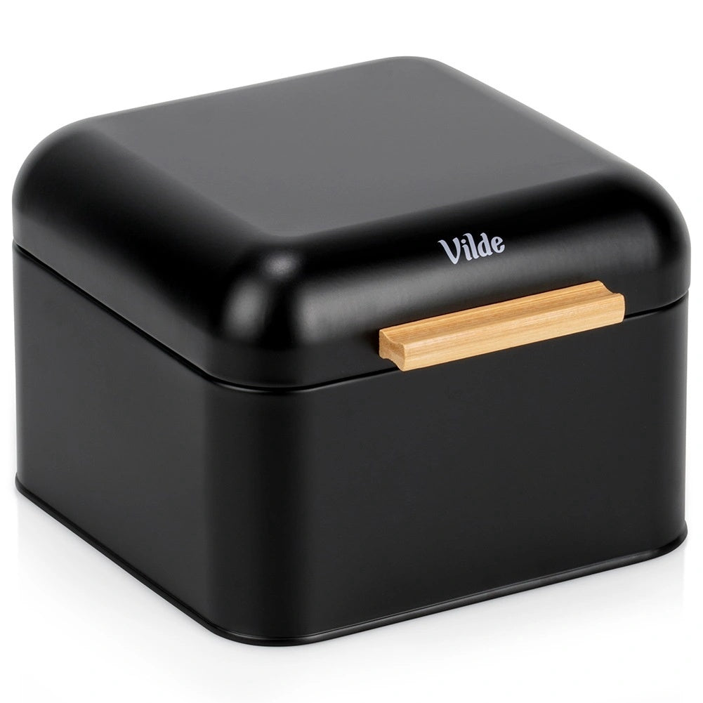 Black Metal Bread Bin With Bamboo Handle, 22x20x14.5 Cm