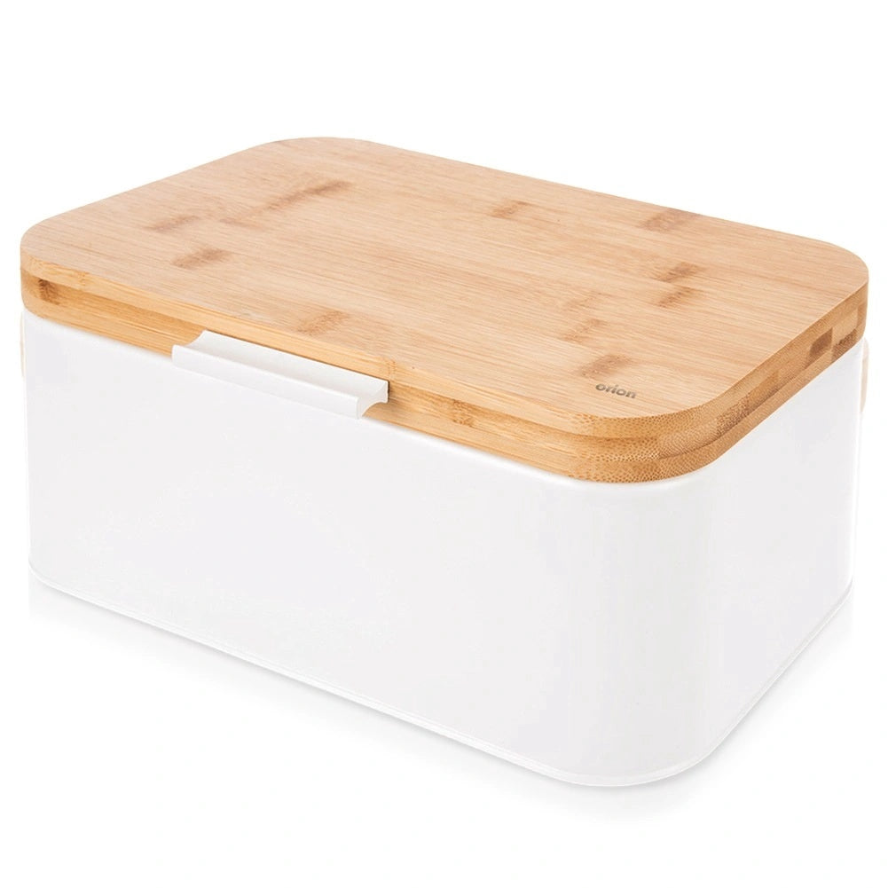 White Metal Bread Bin With Bamboo Lid, 30x19.5x14.5 Cm