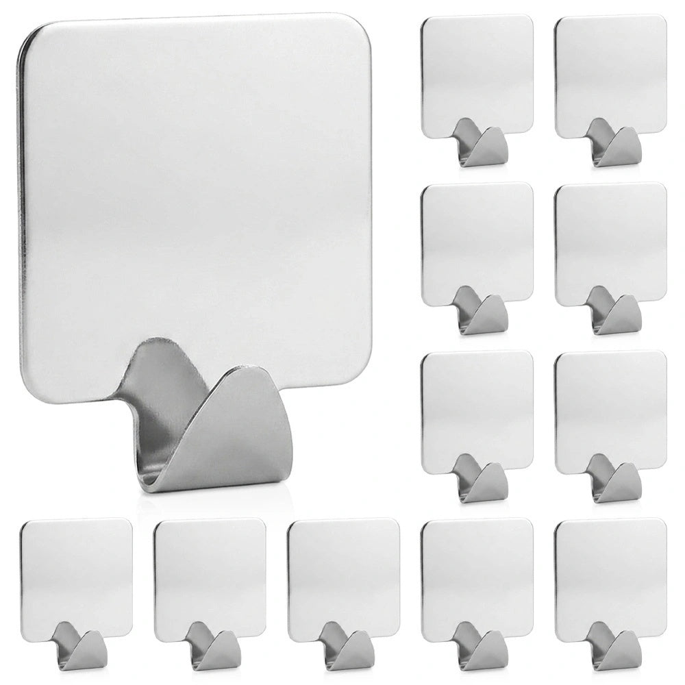 12 Stainless Steel Adhesive Hooks, Silver