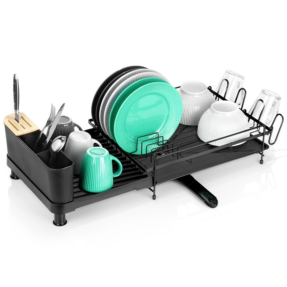 Expandable Black Metal Dish Drying Rack With Cutlery Holder