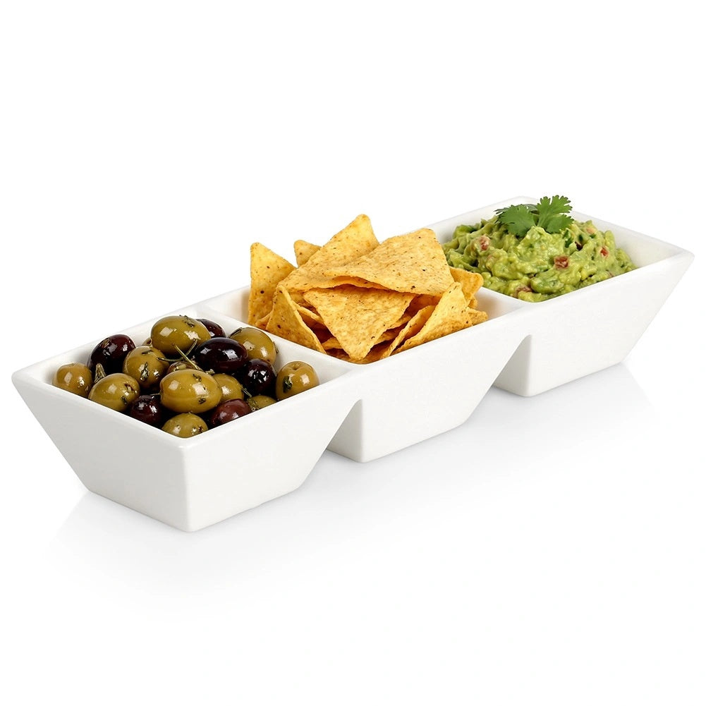 Ceramic Triple Snack Bowl, White, 29 Cm