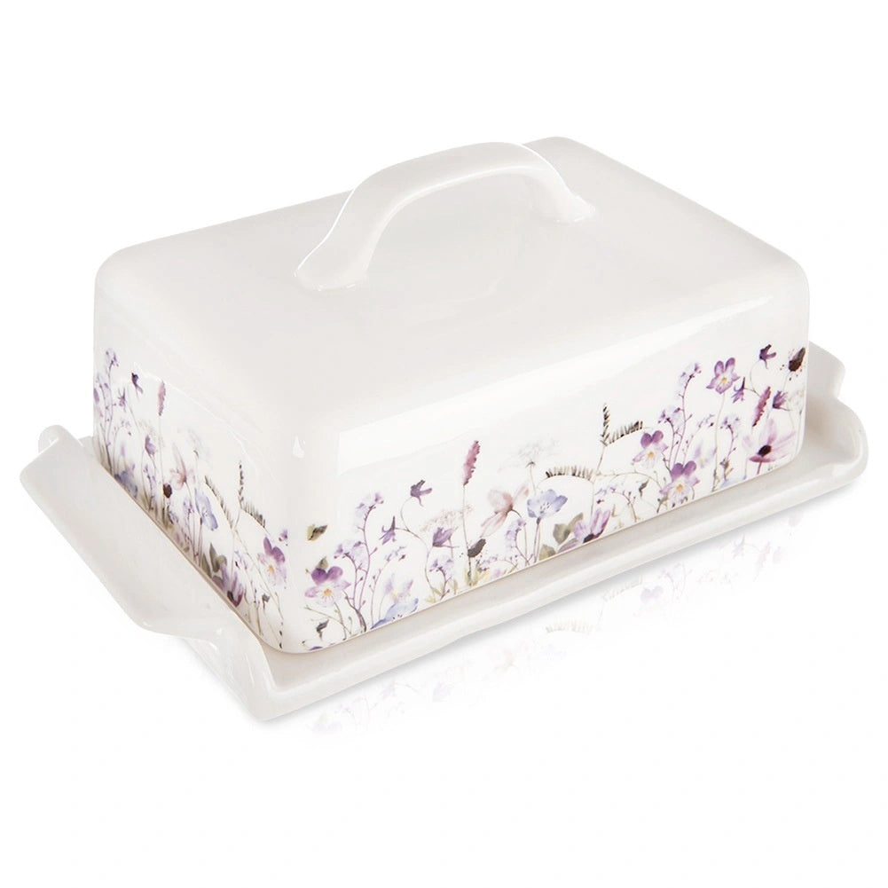 Porcelain Butter Dish With Lid, White Floral Design