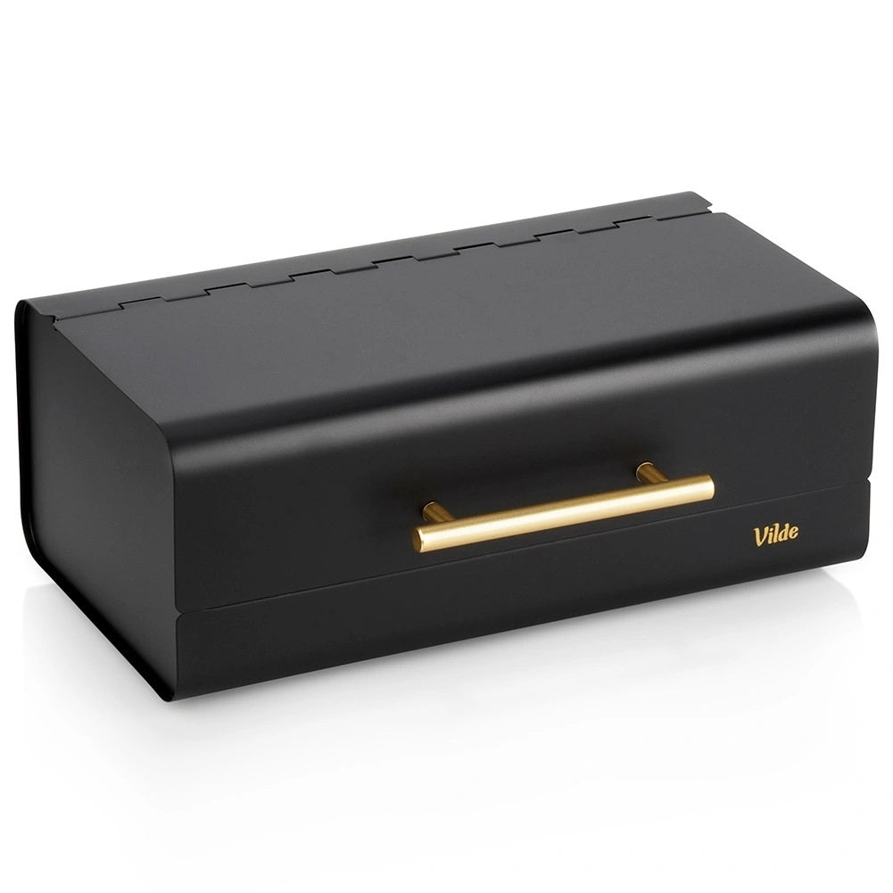 Black Metal Bread Bin With Gold Handle, 36x23x14.5 Cm