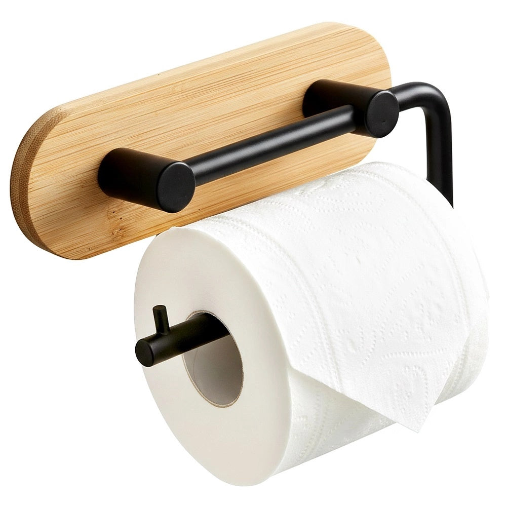 Toilet Paper Holder, Black Metal & Bamboo, 17x3.5x10 Cm