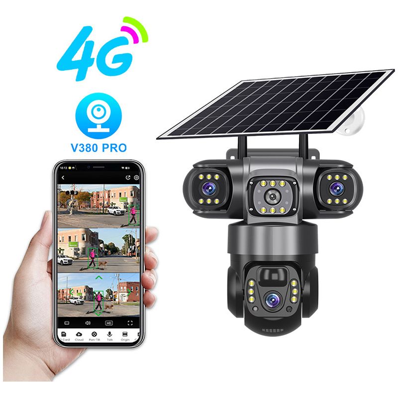 Caméra De Surveillance Solaire 3 Caméras – Vision Nocturne Couleur 360° – Détection De Mouvement Humaine – Surveillance Extérieure