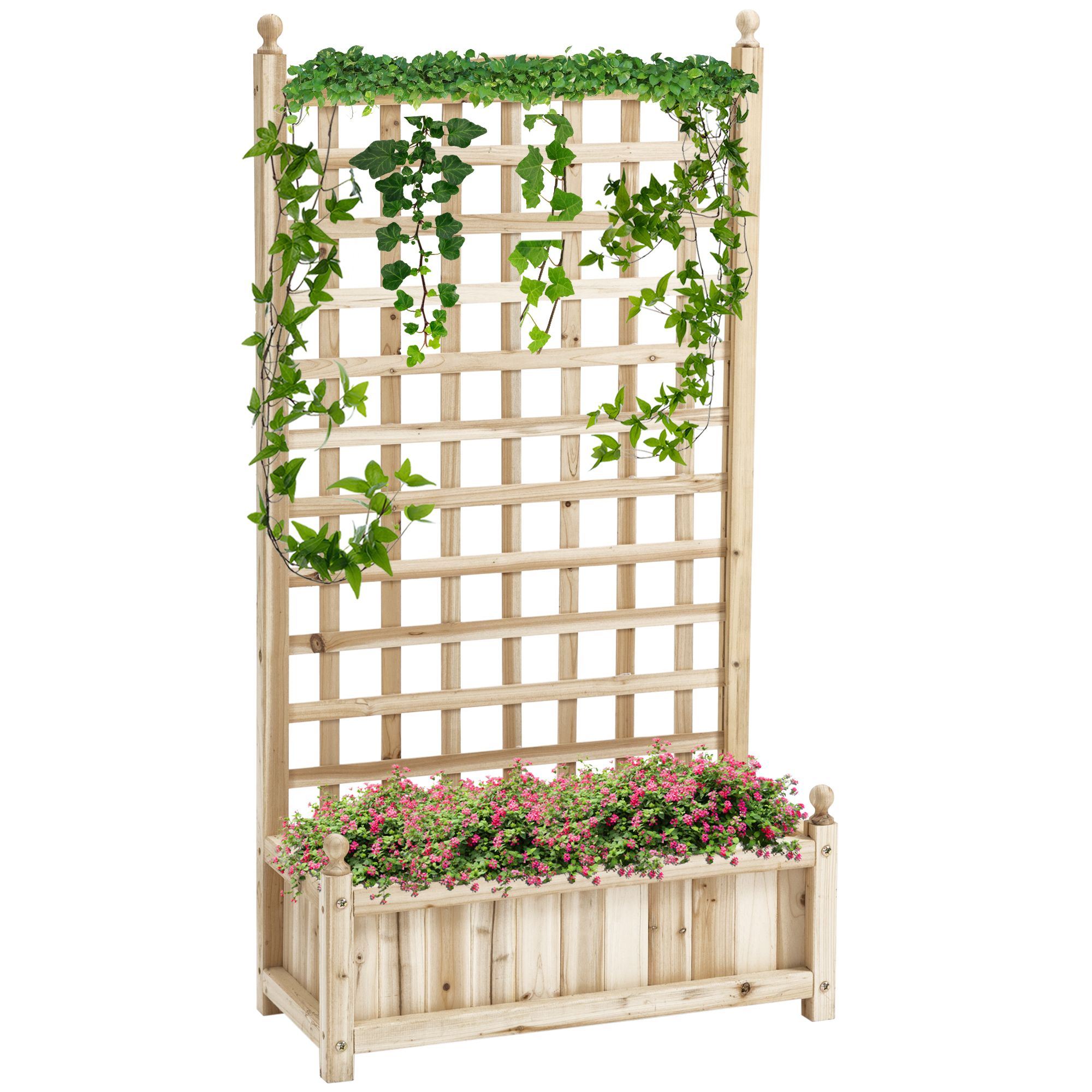 Hochbeet Mit Rankgitter, Blumenkasten, Rankhilfe Für Kletterpflanzen, Rosenbogen, Gartenholz, Naturbelassen, 64 X 28 X 120 Cm