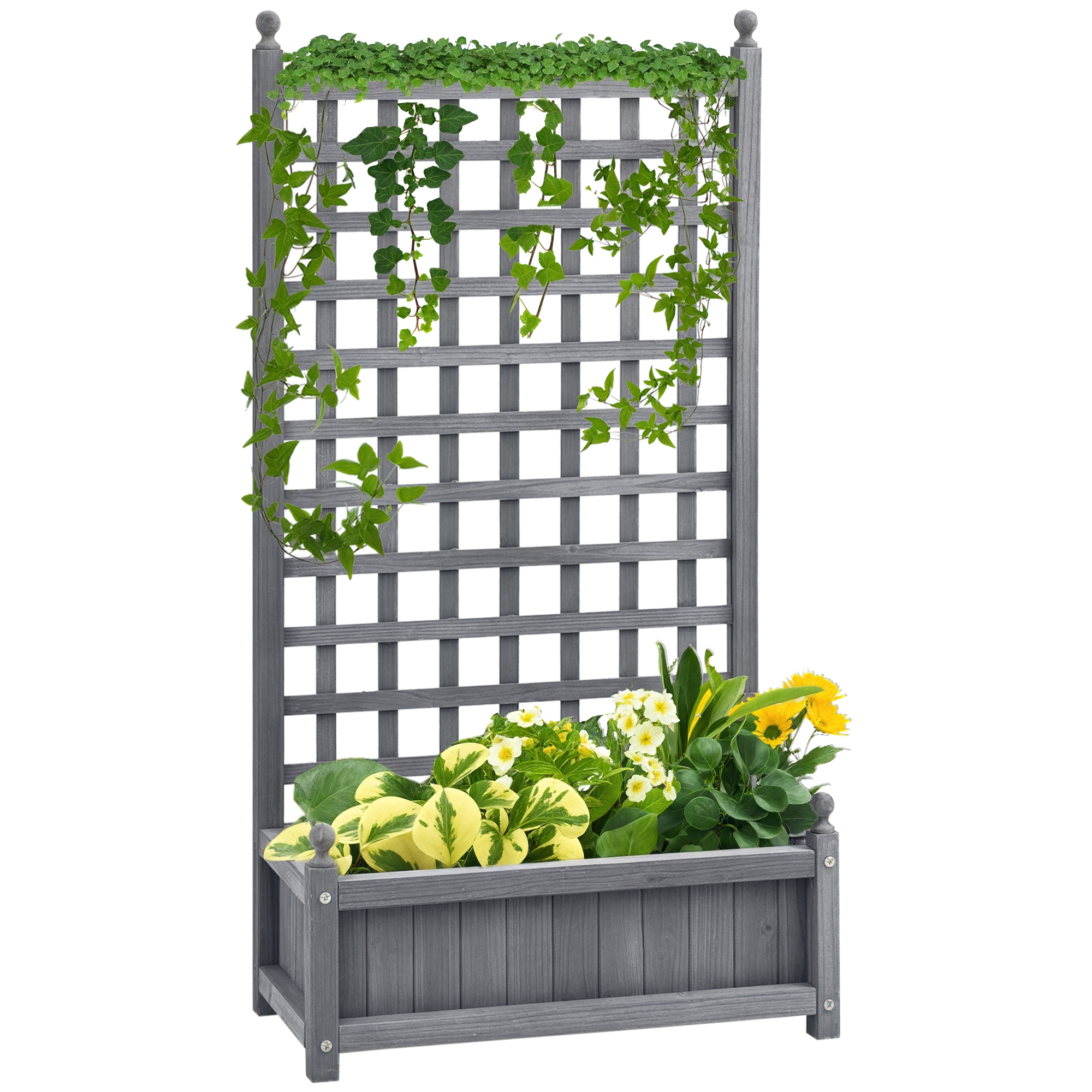 Hochbeet Mit Rankgitter, Blumenkasten, Rankhilfe Für Kletterpflanzen, Rosenbogen, Gartenholz, Grau, 64 X 28 X 120 Cm