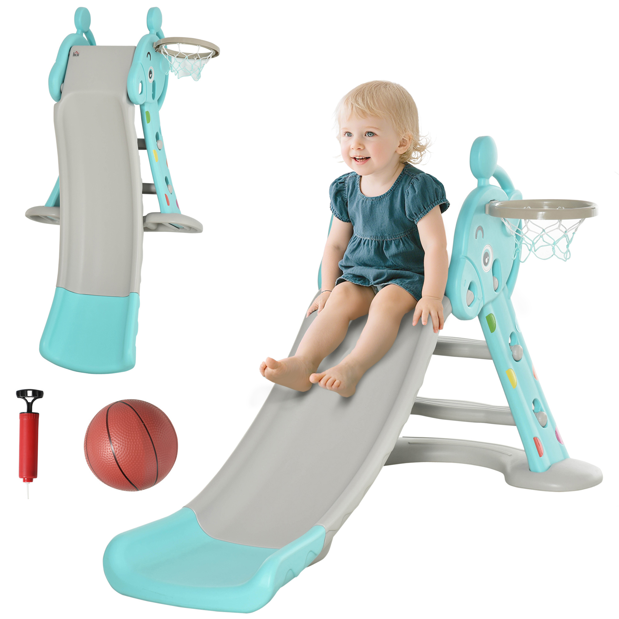 Rutsche Für Kinder +18 Monate, Faltbar, 2-in-1, Mit Canasta De Baloncesto Modelo Jirafa Juguete Infantil Para Interiores Y Outsidees, 140 X 87 X 85,5 Cm, Blau Und Grau