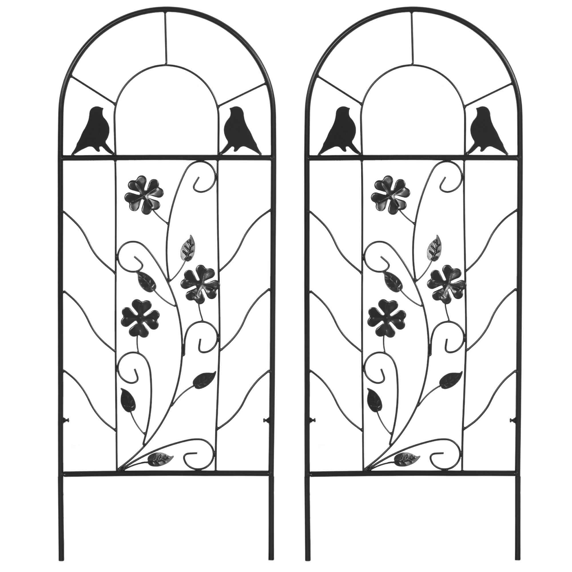 2-teiliges Metall-rankgitter Mit Vogel- Und Kleeverzierung Für Garten Und Terrasse, Schwarz, 38 X 98 Cm