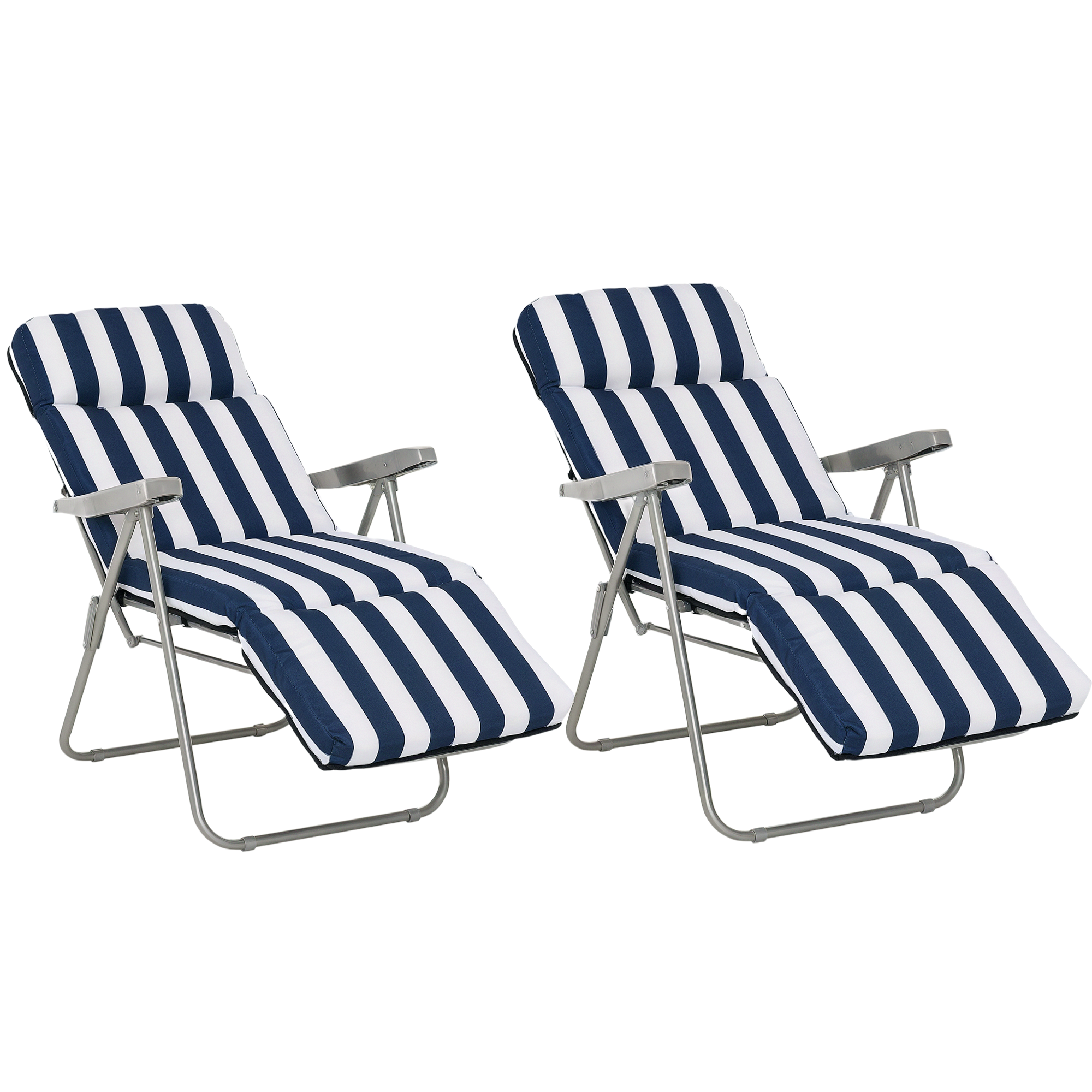 Set Aus 2 Klappbaren Sonnenliegen Mit Armlehnen, 5-fach Verstellbar, Mit Kissen, Blau, 60 X 75 X 102 Cm