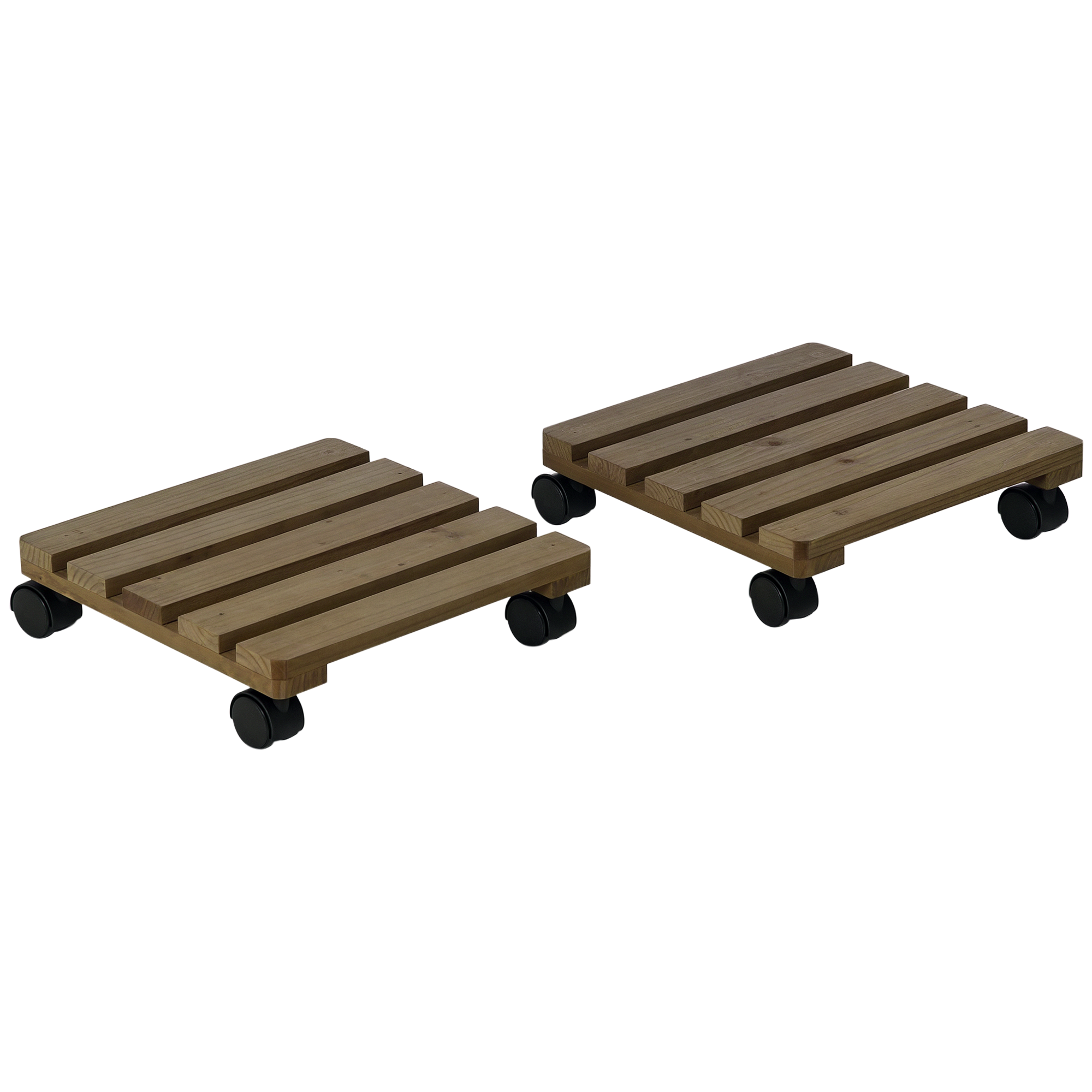 Set Aus 2 Pflanzenständern Mit Rollen, Aus Massivholz, 4 Rollen Mit Bremsen, 30 Cm X 30 Cm X 7 Cm, Braun Und Schwarz