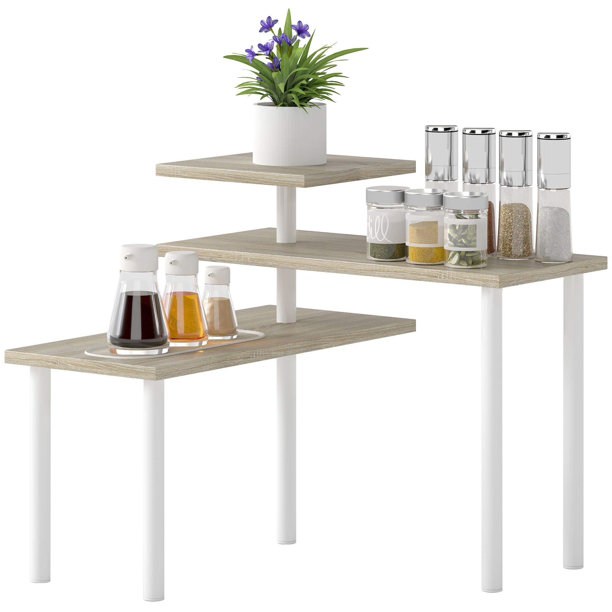 Dreistufiges Küchenregal Mit Drei Drehbaren Ablagen, Metallrahmen Und Stufendesign Für Ess- Oder Wohnzimmer, Naturfarbe