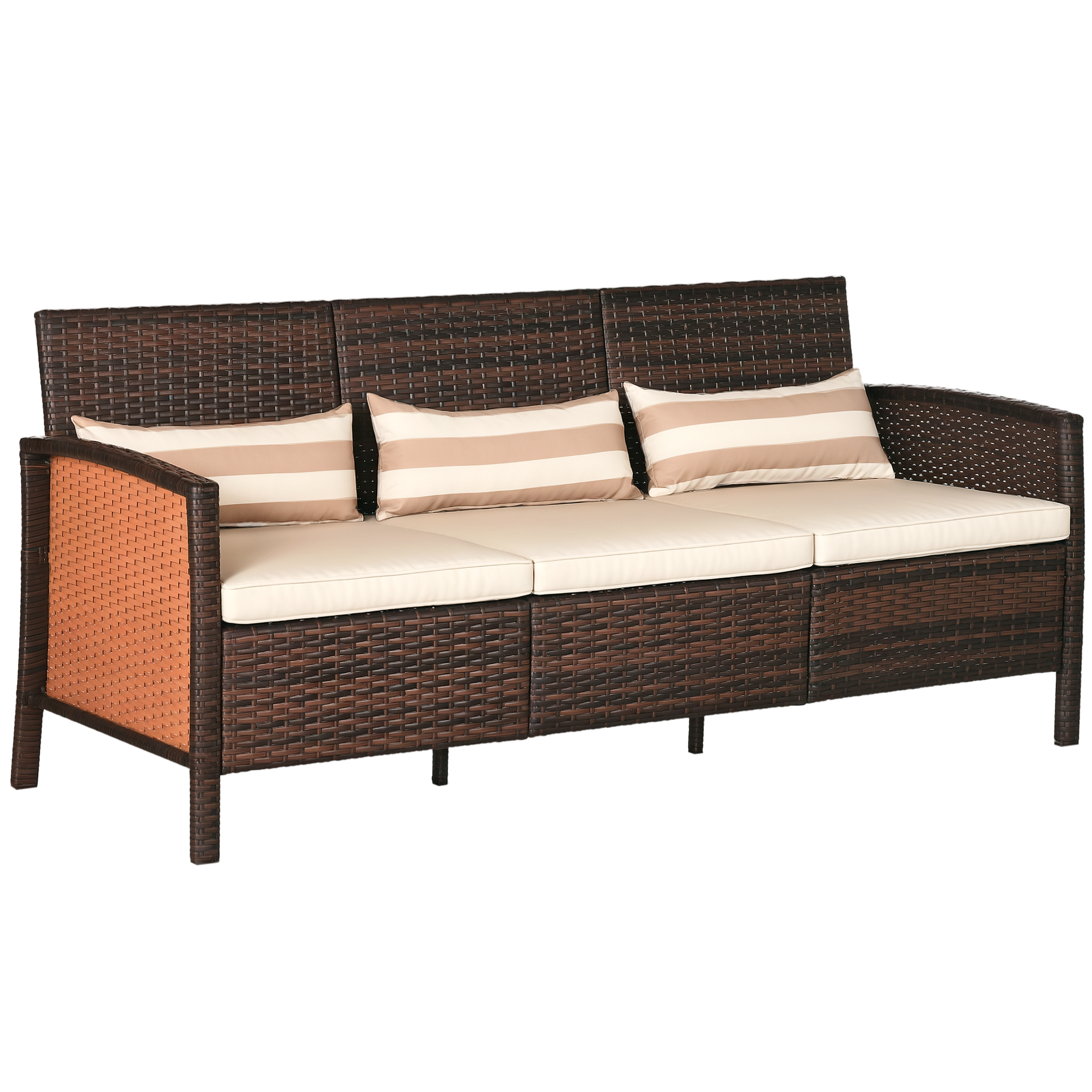 Gartensofa Aus Rattan Mit Kissen, Dreisitzer, Stahl, Braun, 173 X 68 X 78 Cm