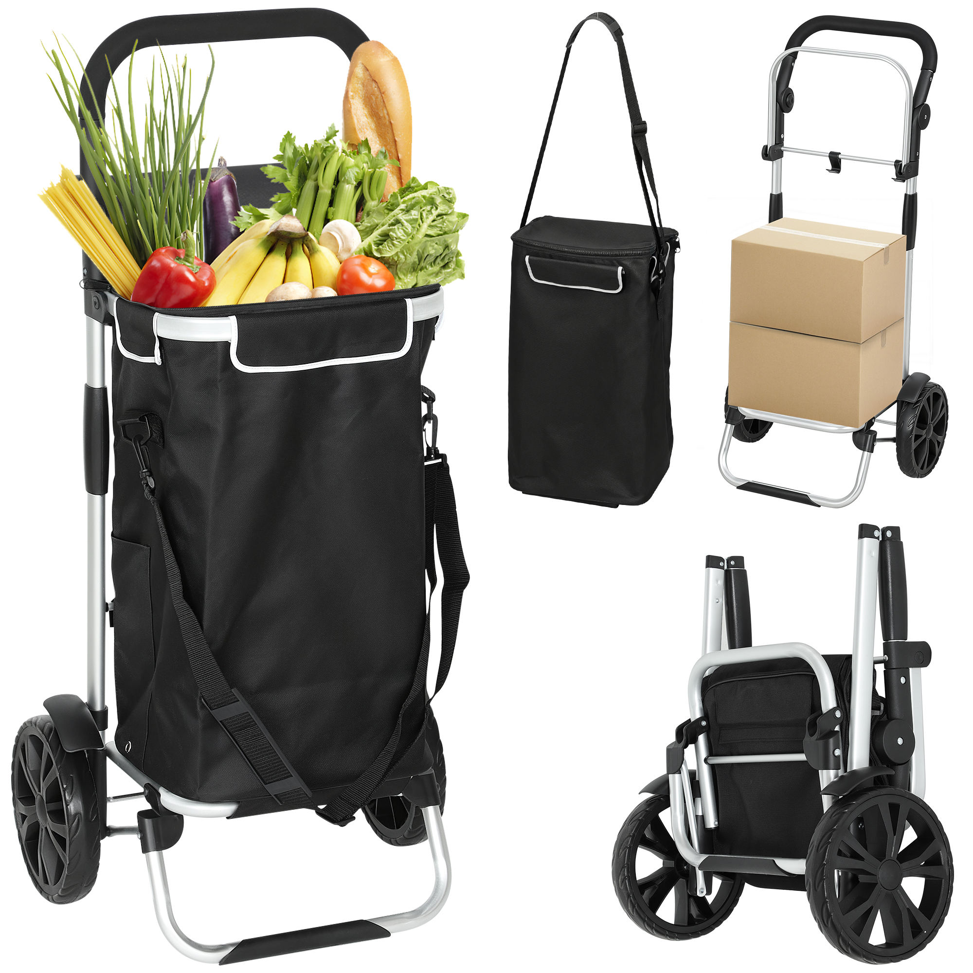 3-in-1-einkaufstrolley, 40 L Fassungsvermögen, Max. 25 Kg Traglast, Mit Isoliertem Fach, Schwarz