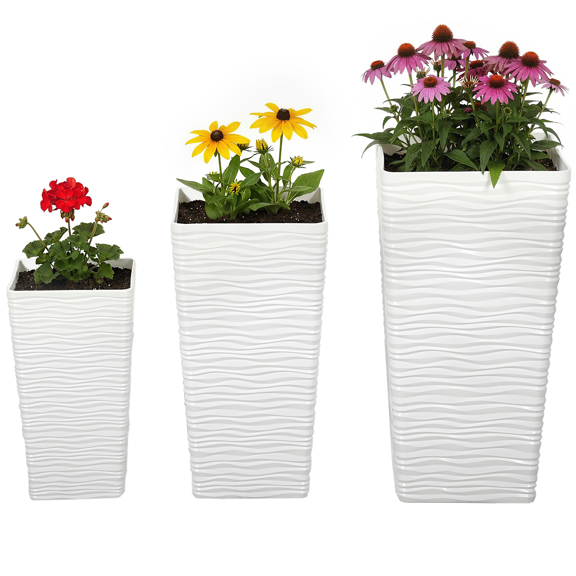 Set Aus 3 Impilabili Esterno Vasi Mit Wellenmuster Aus Kunststoff, 42/55/65 Cm, Weiß